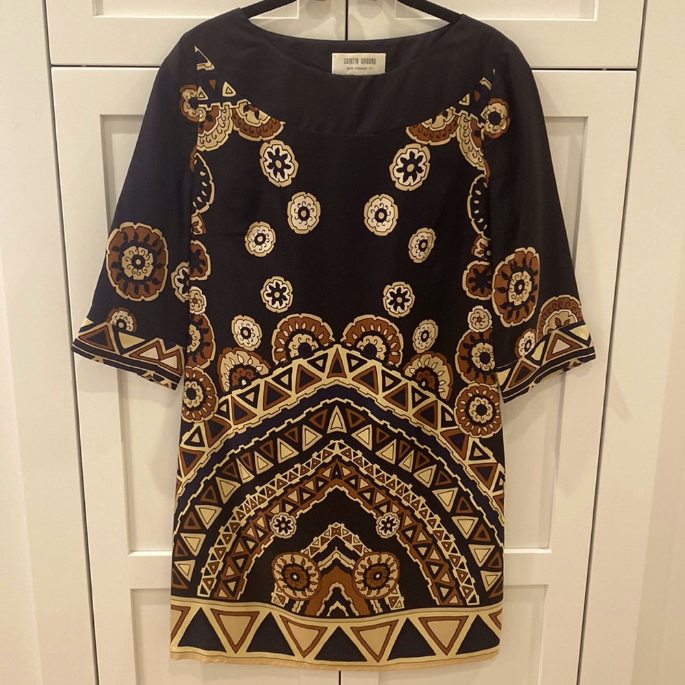 Skirtin Around New Canaan black tan geometric print silk Shift 3/4 sleeve S